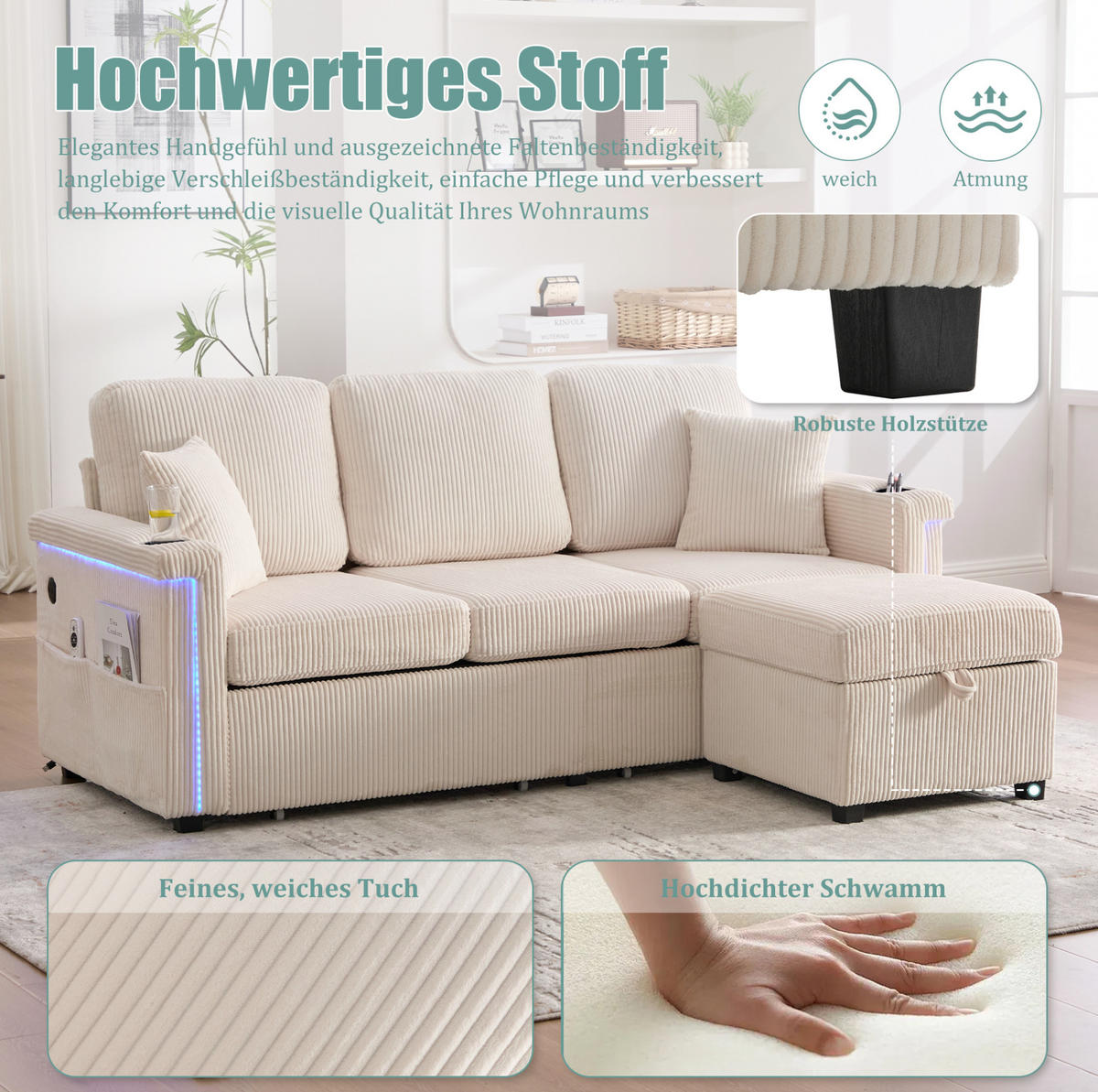 ECKSOFA aus Cord 194x73x81 cm Beige mit LED-Beleuchtung, USB-C-Anschluss, Seitentaschen und 2 Schubladen - Beige, Textil (194/73cm) - Modfu