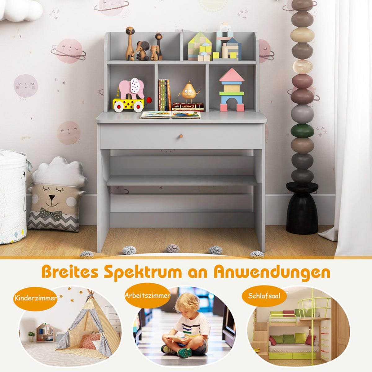 KINDERSCHREIBTISCH aus Holz grau - Grau, Holzwerkstoff (80/102/48cm) - COSTWAY