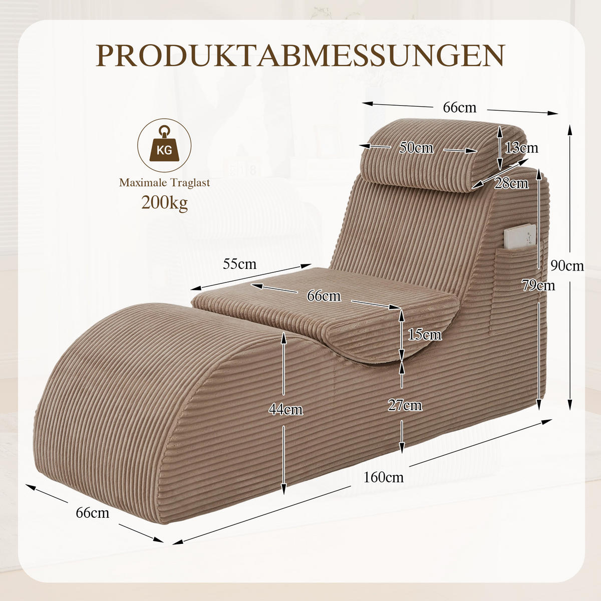 CHAISELONGUE Khaki 160/66/90 cm - Sandfarben, Textil (160/90/66cm)