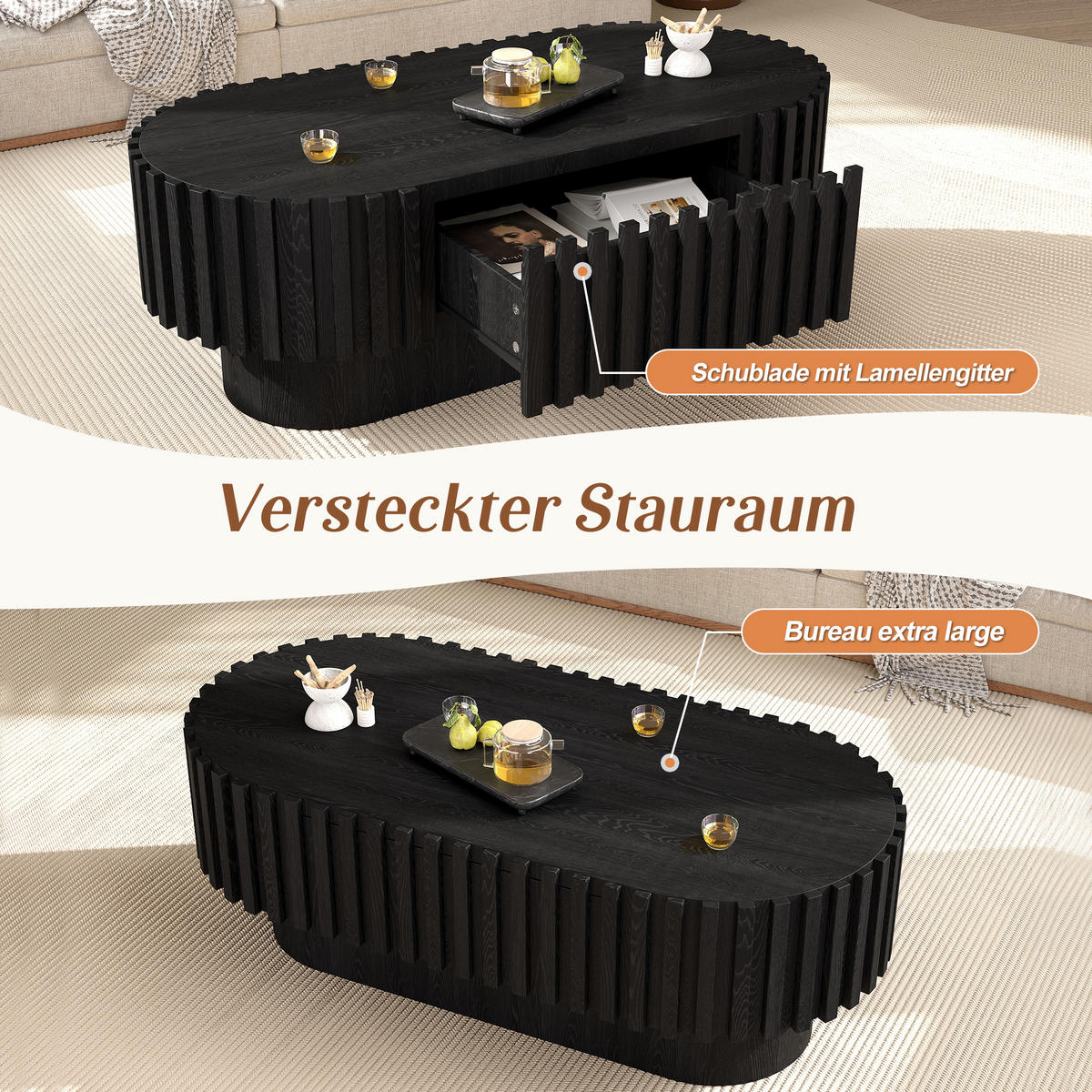 COUCHTISCH 100/50/35,5 cm mit Schublade und Lamellenoptik in Schwarz - Schwarz, Holzwerkstoff (50/100/35.5cm) - CHICFURN