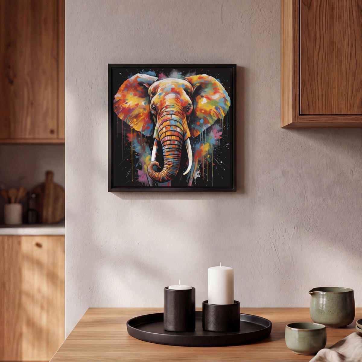 LEINWAND Bilder mit Rahmen - Elefant - Graffiti - Schwarz - Tiere - Farben - 20x20 - Schwarz, Textil (20/20cm) - MuchoWow
