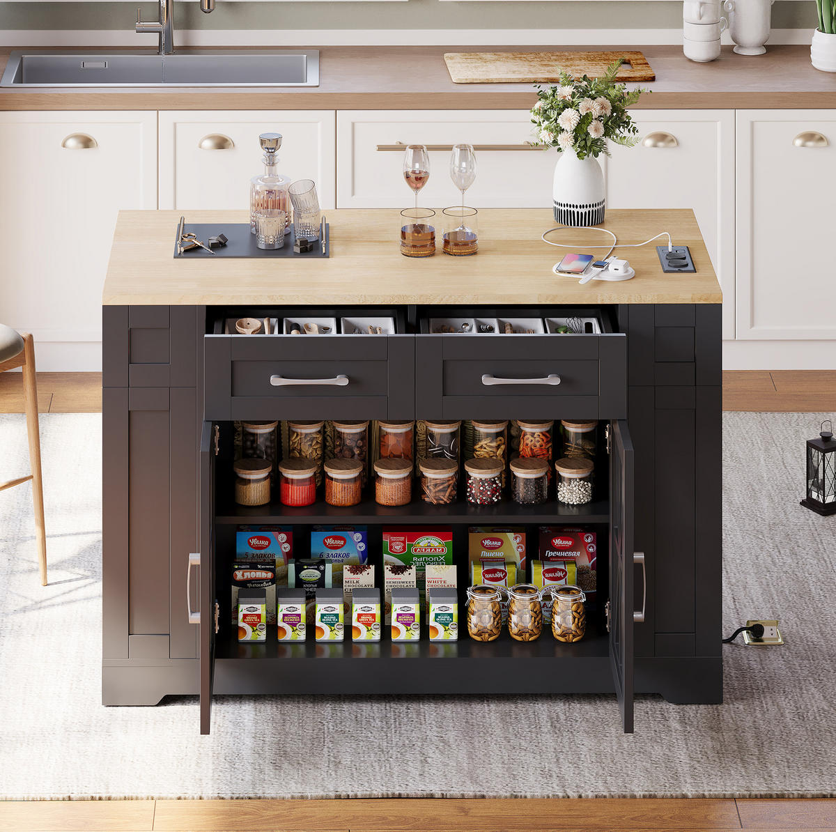 KÜCHENINSEL 120/40/92 cm schwarz/natur aus MDF mit Klapptisch - Schwarz, Holzwerkstoff (120/92/65cm) - OKWISH