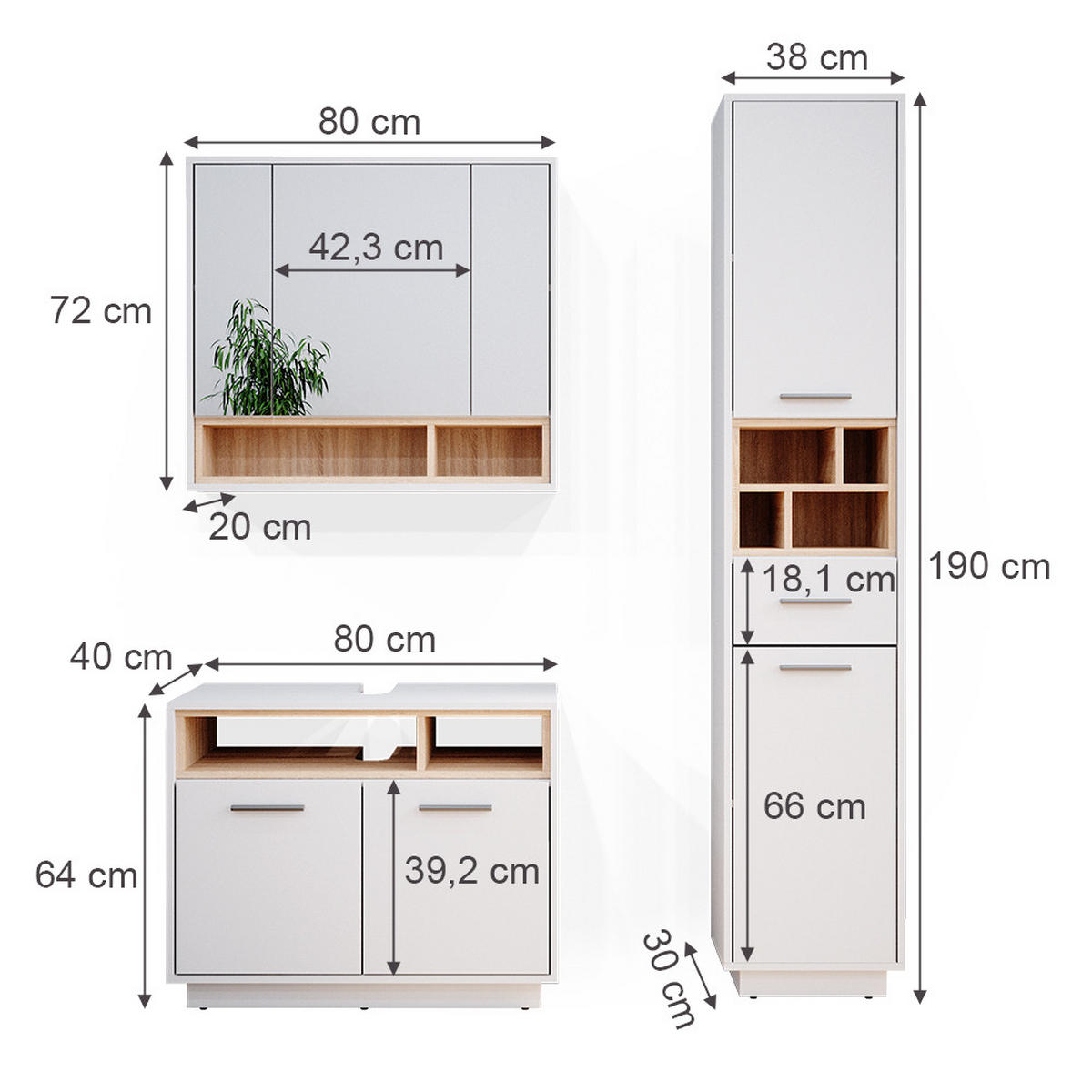 BADMÖBEL-SET Beatrice Weiß 3 Teile, mit Hochschrank - Weiß/Sonoma Eiche, Holzwerkstoff (80/64/40cm) - Vicco