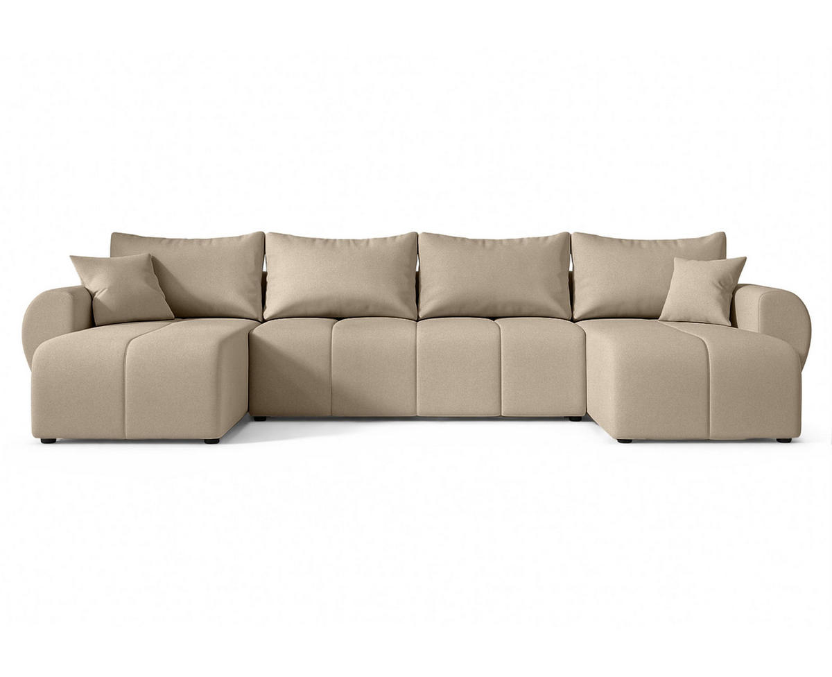 WOHNLANDSCHAFT Malatya U Form Hellbraun 311/145/80 cm mit Schlaffunktion - Hellbraun/Schwarz, Kunststoff/Textil (311/80/145cm) - AX Living