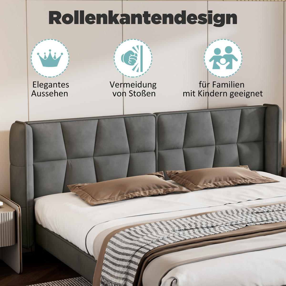 POLSTERBETT 180/200 cm mit Lattenrost & gepolstertem Kopfteil, Samt Grau - Grau, Textil (180/200cm) - Redom