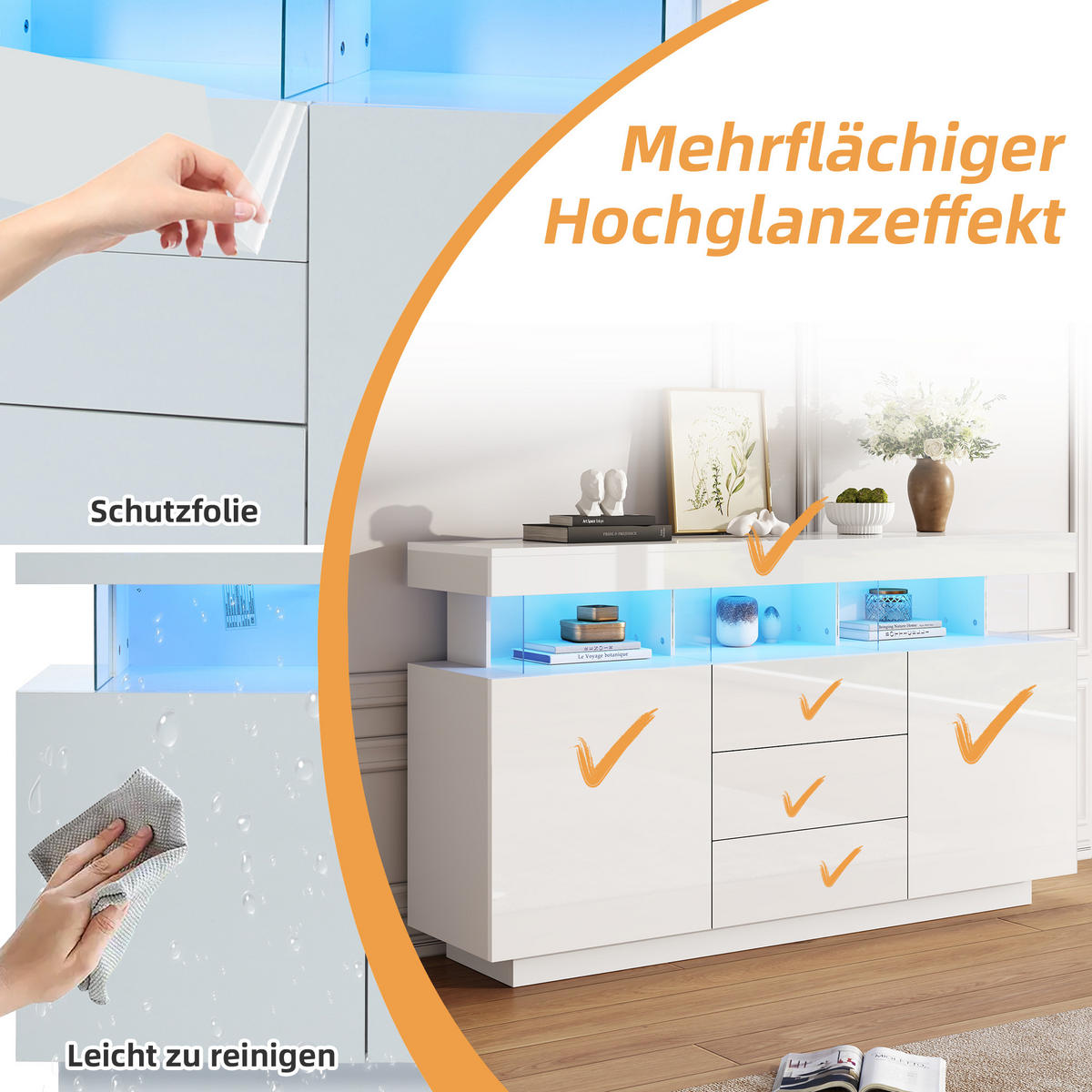 SIDEBOARD mit LED-Beleuchtung Moderner Aufbewahrungsschrank - Weiß, Holzwerkstoff (140/80/35cm) - Urban Meuble