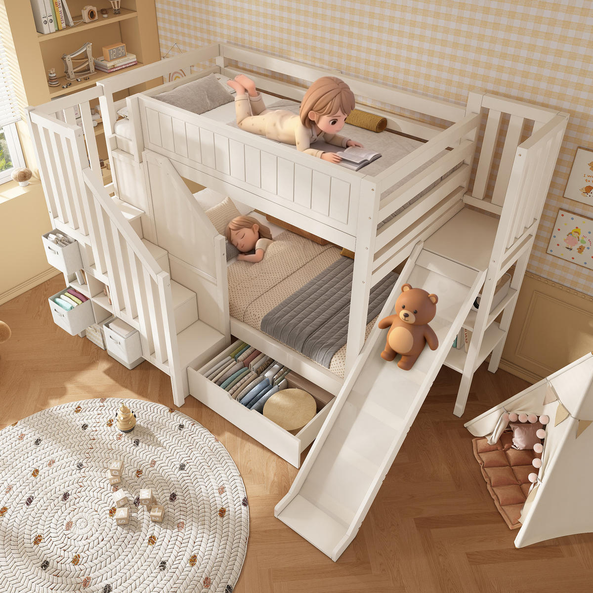 ETAGENBETT 90x200 cm in Weiß mit Rutsche & Stauraum - Weiß, Holzwerkstoff (90/200cm) - Modfu