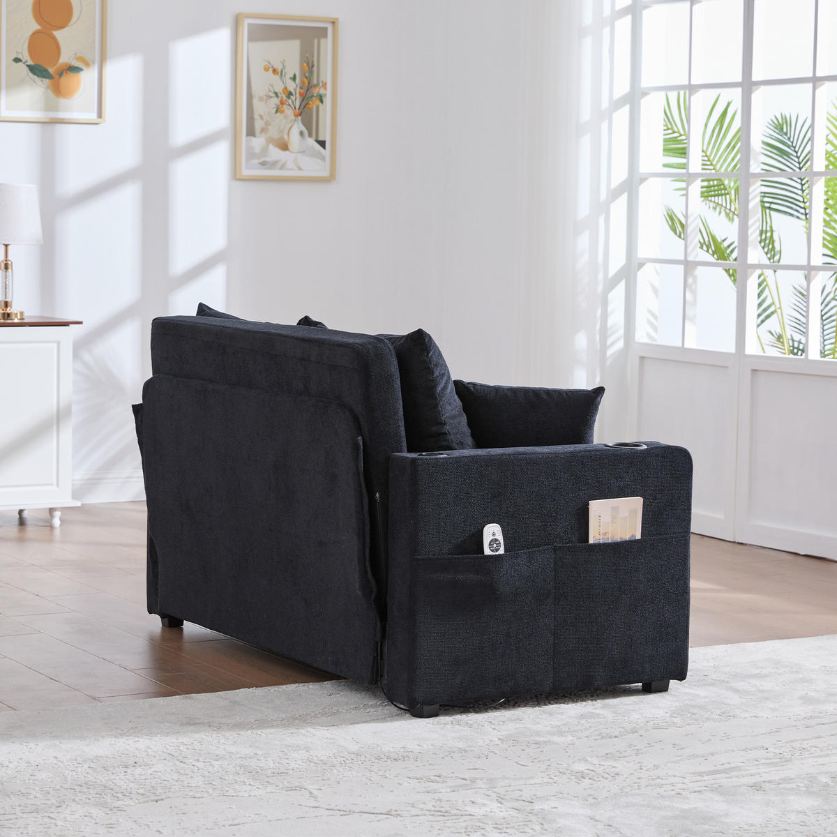SCHLAFSOFA klappbar mit USB und Getränkehaltern, Schwarz - Schwarz, Textil (139/83/73cm)