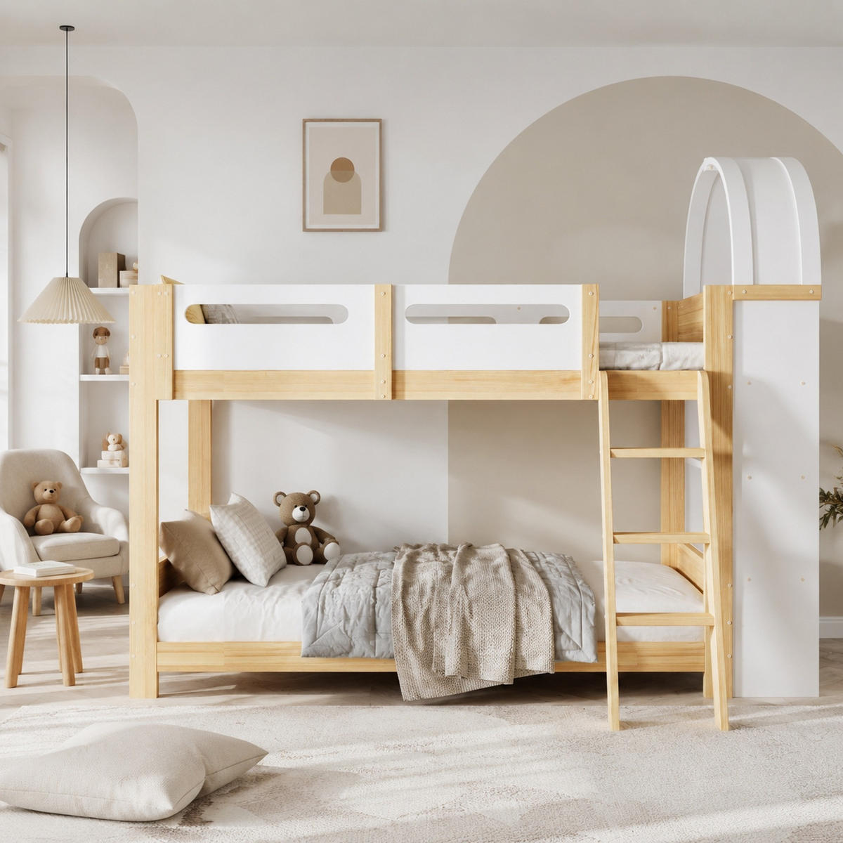 ETAGENBETT 90/200 mit dreistufigem Regal, Bettgitter und Leiter in Weiß und Natur - Weiß/Naturfarben, Holzwerkstoff (90/200cm) - EVRYAE