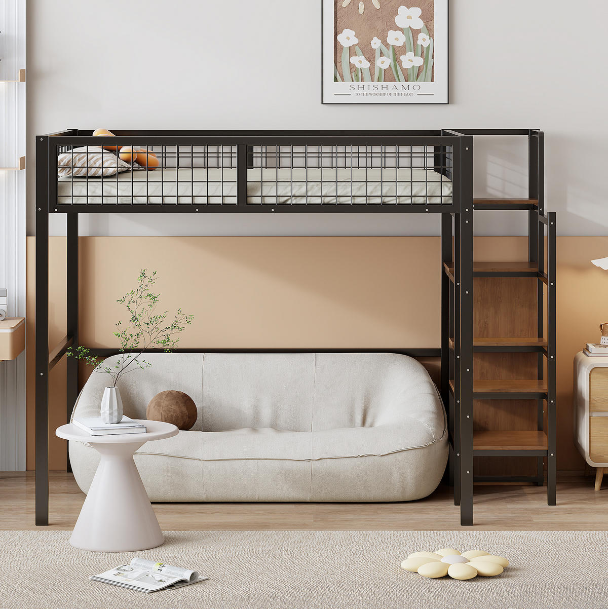 HOCHBETT 140/200 cm aus Metall mit Leiter und Kleiderschrank, Schwarz - Schwarz, Metall (140/200cm) - Flora Grace