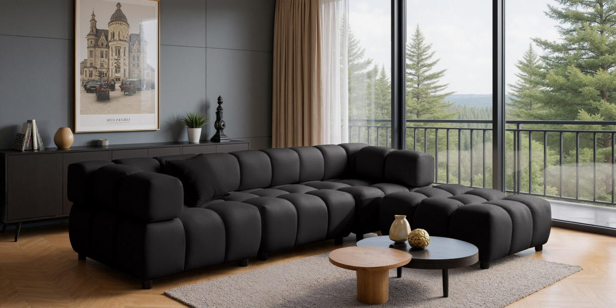 ECKSOFA L-Form Bolla, stoff Bluvel, Schwarz, Rechts - Schwarz, Holz (288/192cm) - Kaiser Möbel