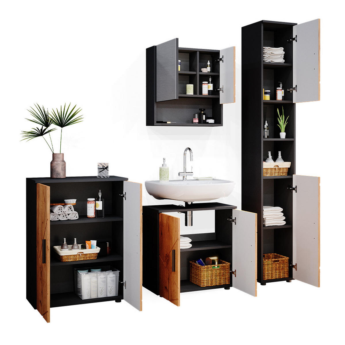 BADMÖBEL-SET Irma Goldkraft Eiche/Anthrazit 4 Teile mit Hochschrank und Kommode - Anthrazit/Eiche Wotan, Holzwerkstoff (80/58.6/41cm) - Vicco