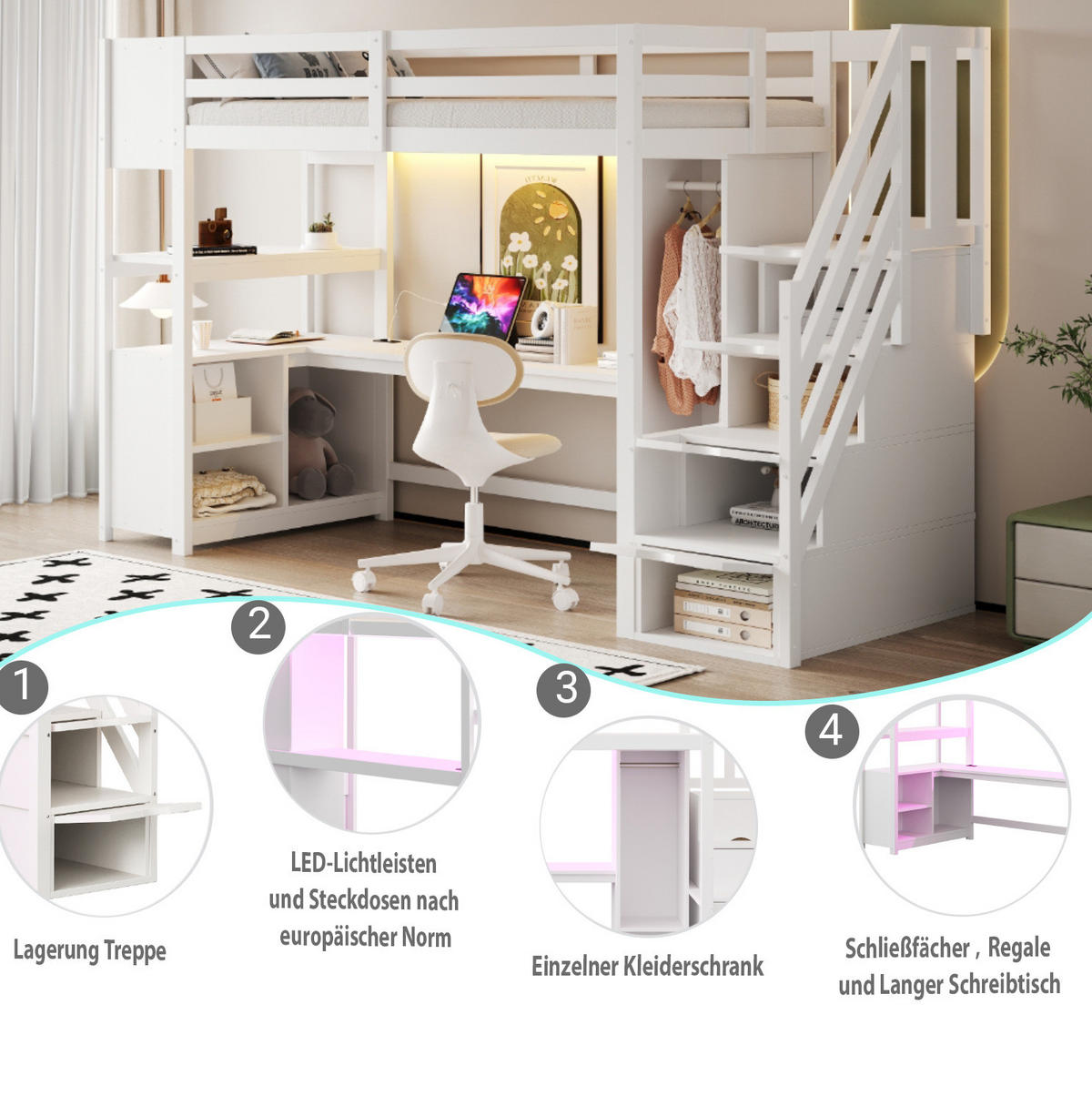 HOCHBETT 90/200 cm mit Schreibtisch, Kleiderschrank, Stauraumtreppe, LED und Steckdose aus , Weiß - Weiß, Holzwerkstoff (90/200cm) - Redom