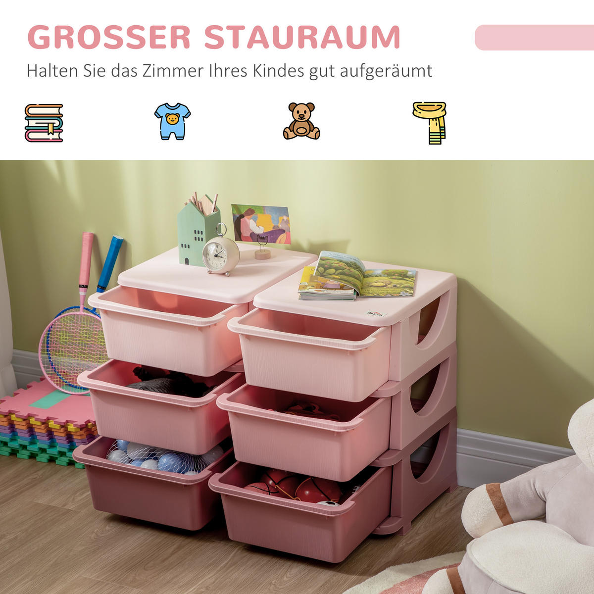 SCHUBLADENSCHRANK, Kunststoff, Rosa/Violett, 75L x 37B x 56,5H cm - Violett/Rosa, Kunststoff (37/56.5/75cm) - HOMCOM