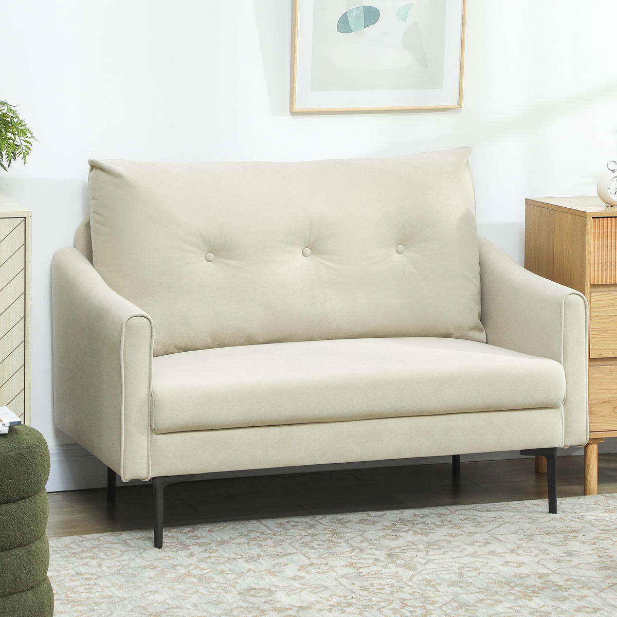 SOFA 2-Sitzer 124 cm Kleine Couch mit Armlehne, Samtoptik, Cremeweiß - Creme, Textil (73/92/124cm) - HOMCOM