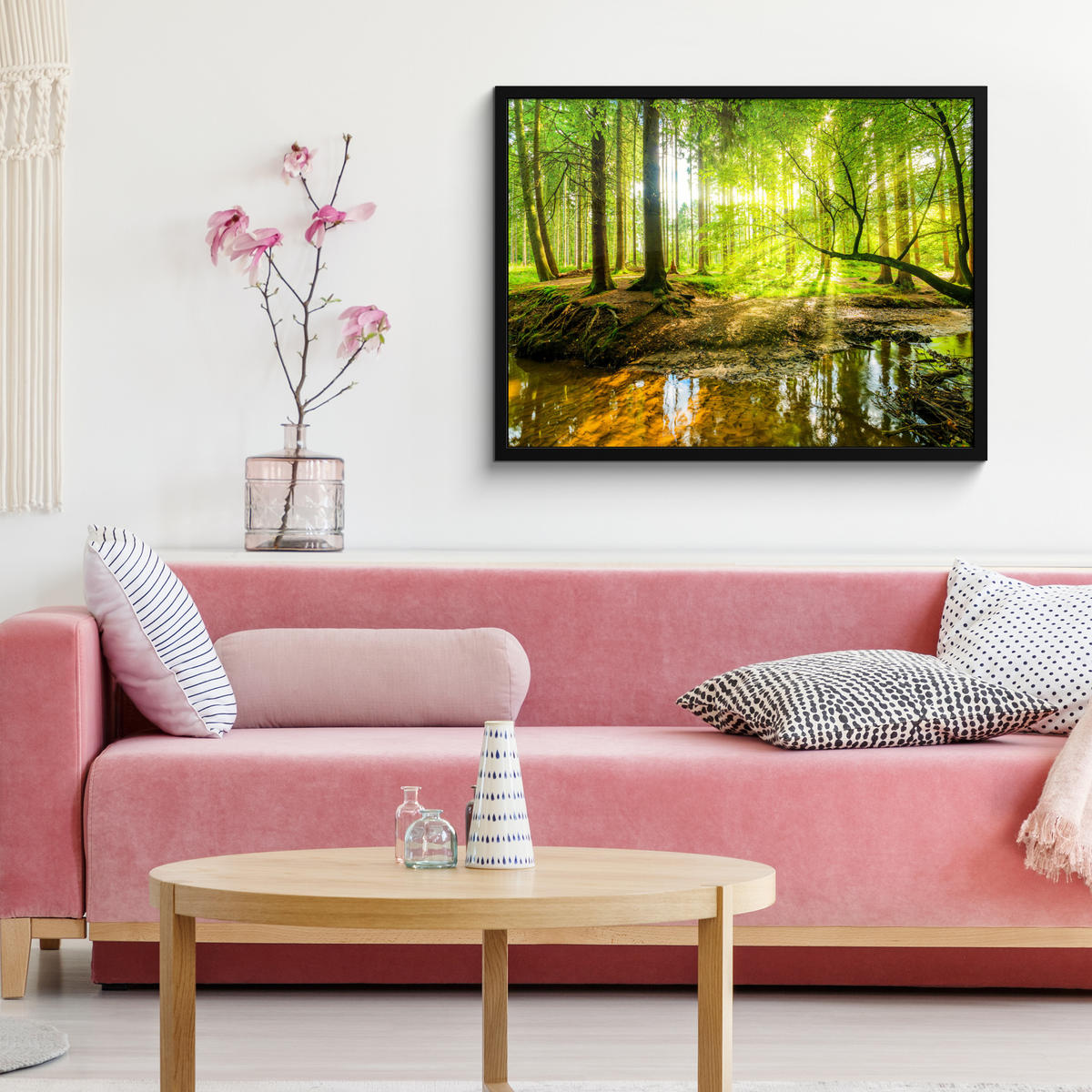 POSTER MIT RAHMENGERAHMTES BILD Wald - Landschaft - Wasser - Bäume - Sonne - Grün - Natur 80x60 cm - Grün, Papier (80/60cm) - MuchoWow