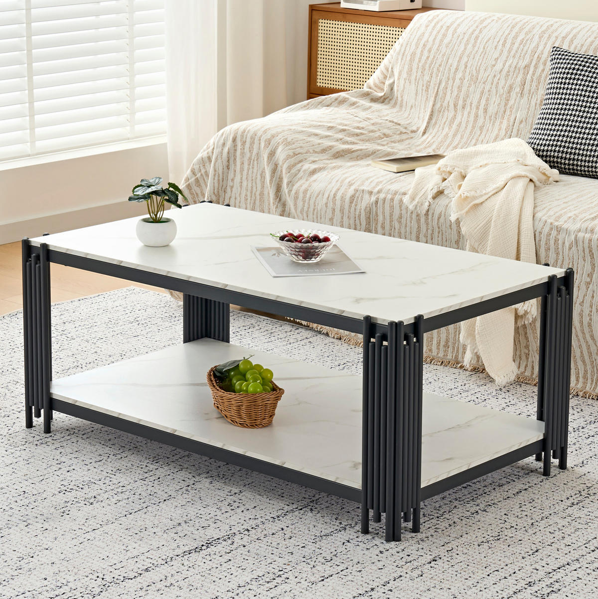 COUCHTISCH aus MDF und Metall 114x63.5x46.3cm in Weiß mit 2 Ablagen - Weiß, Holzwerkstoff (114/63.5/46.3cm) - Modfu