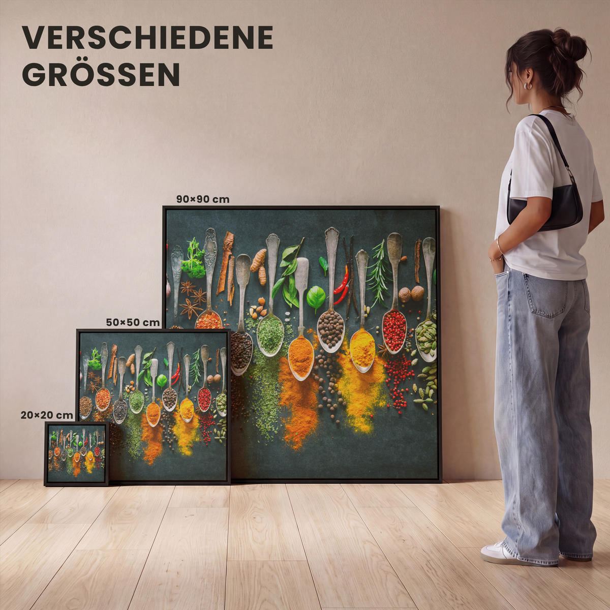 LEINWAND Bilder mit Rahmen - Kräuter - Gewürze - Löffel - 20x20 - Currygelb, Textil (20/20cm) - MuchoWow