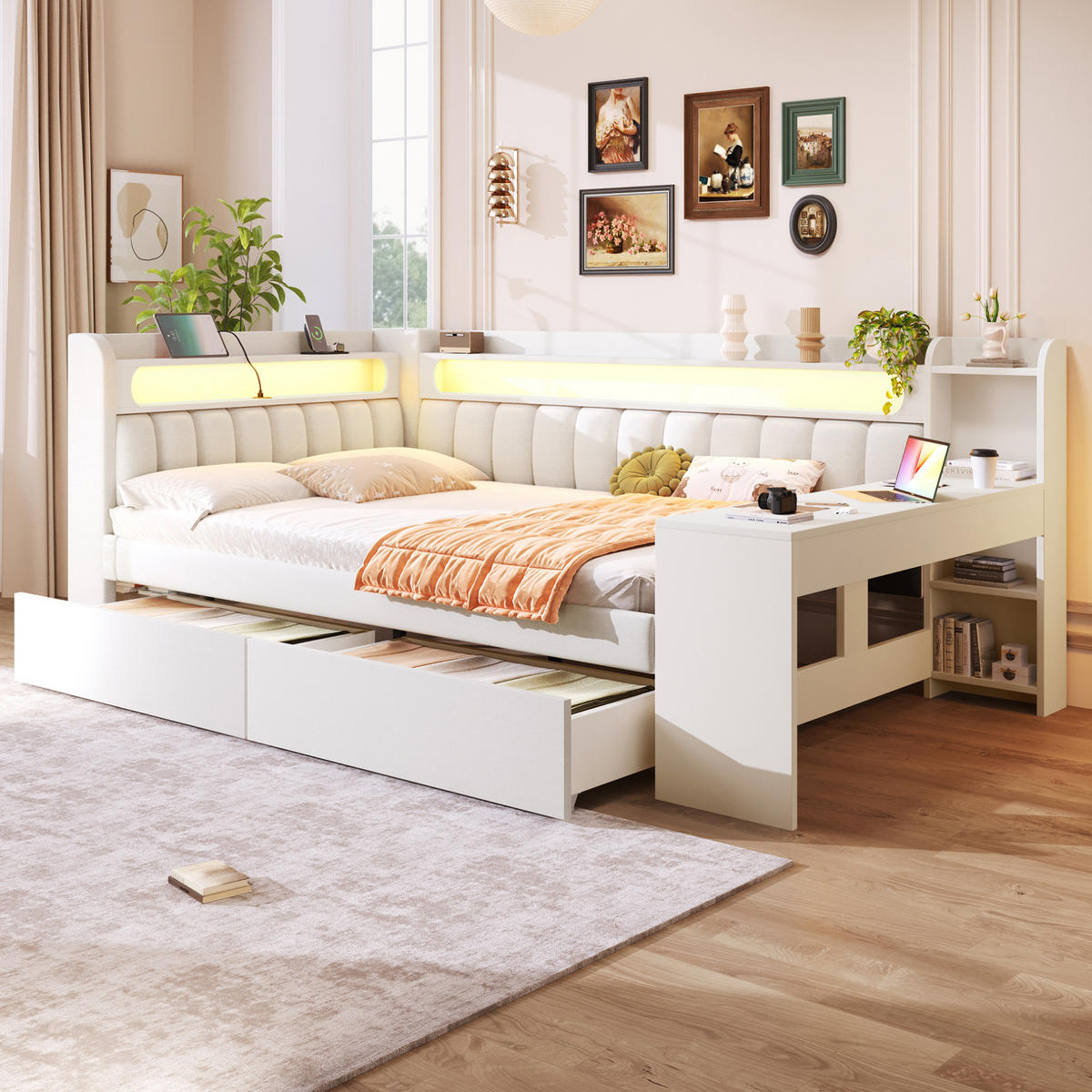 POLSTERBETT 140/200 cm mit LED-Beleuchtung, USB und Schreibtisch in Weiß - Weiß, Holzwerkstoff (140/200cm) - BEAOK