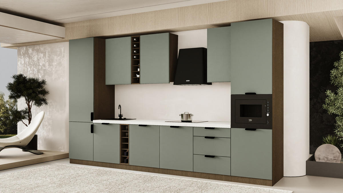 KÜCHENZEILE 360 cm - Sorento KS3-M375 - in Grün / Dunkle Eiche - Eichefarben/Schwarz, Holz (375/247/58cm)