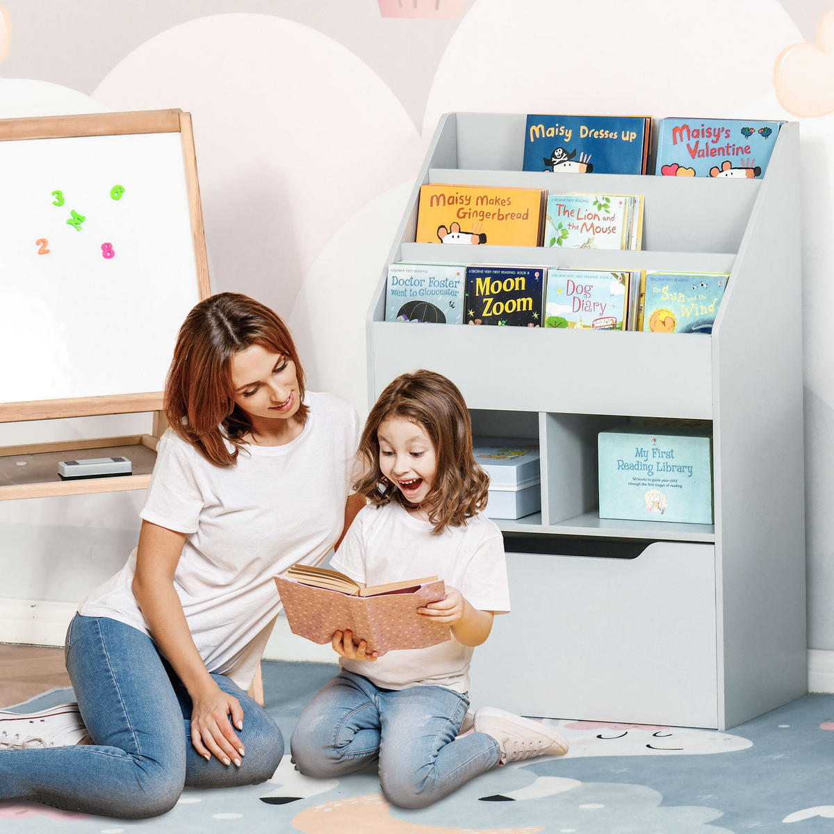 KINDERBÜCHERREGAL - Grau, Holzwerkstoff (29.9/90/60cm) - HOMCOM