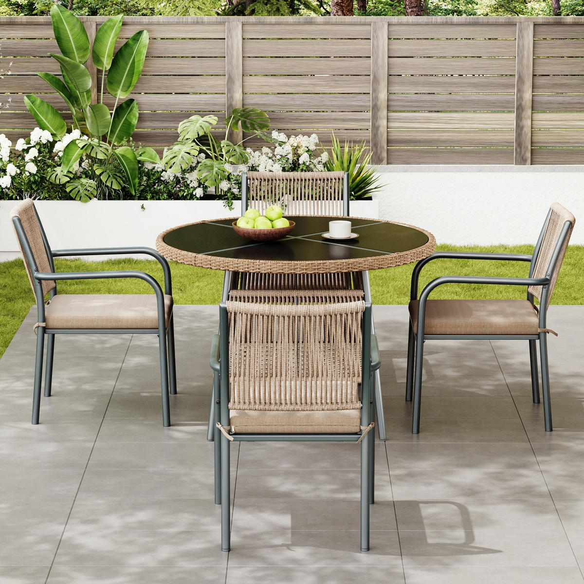 GARTENSET Rattan Tisch 4 Stühle Glas - Grau, Glas - LEBENLANG
