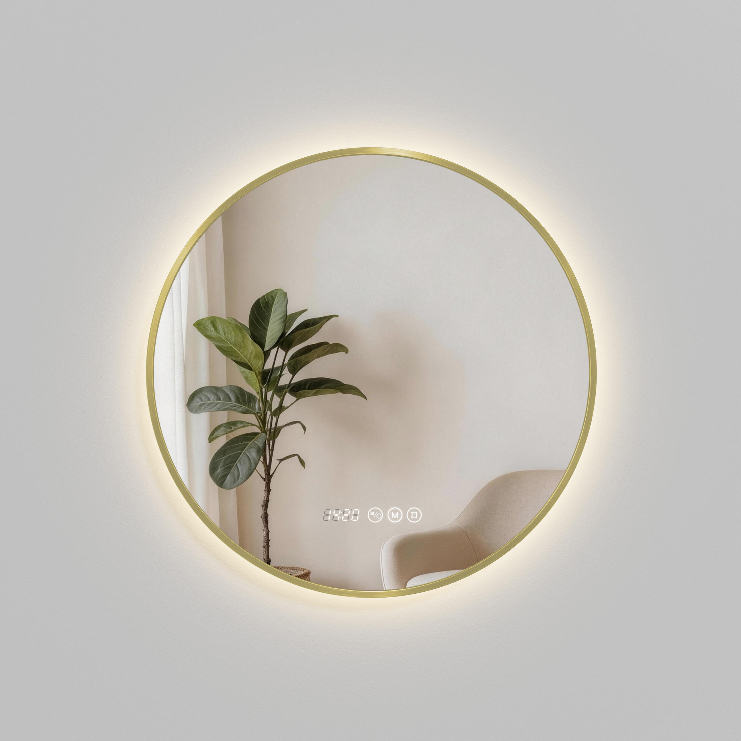 BADSPIEGEL mit LED Beleuchtung, 3 Lichtfarben, Anti-Beschlag-Funktion und Uhrzeitanzeige Goldfarben Ø 60 cm - Goldfarben, Glas (60/60/3cm) - EMKE