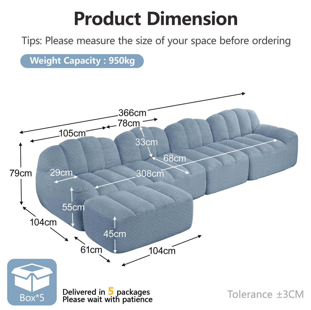 ECKSOFA 366/165/79 cm Blau aus granulierter Fleece mit Ottoman und modularem 4-Sitzer-Design - Blau, Textil (165/366cm) - OKWISH