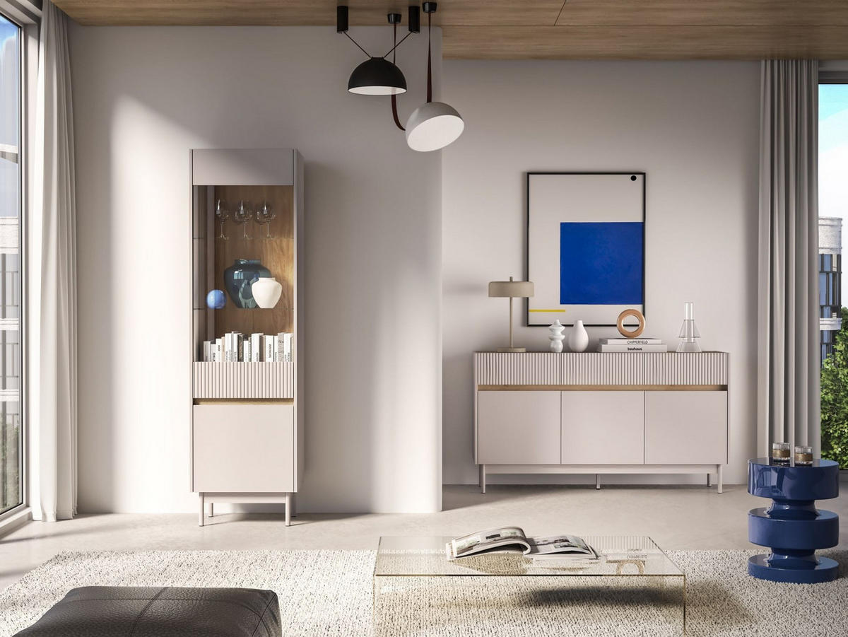 VITRINE Dunea 2-türig Kaschmirgrau/Eichenoptik 55 cm - Taupe, Holzwerkstoff/Metall (55/193/40cm) - Selsey