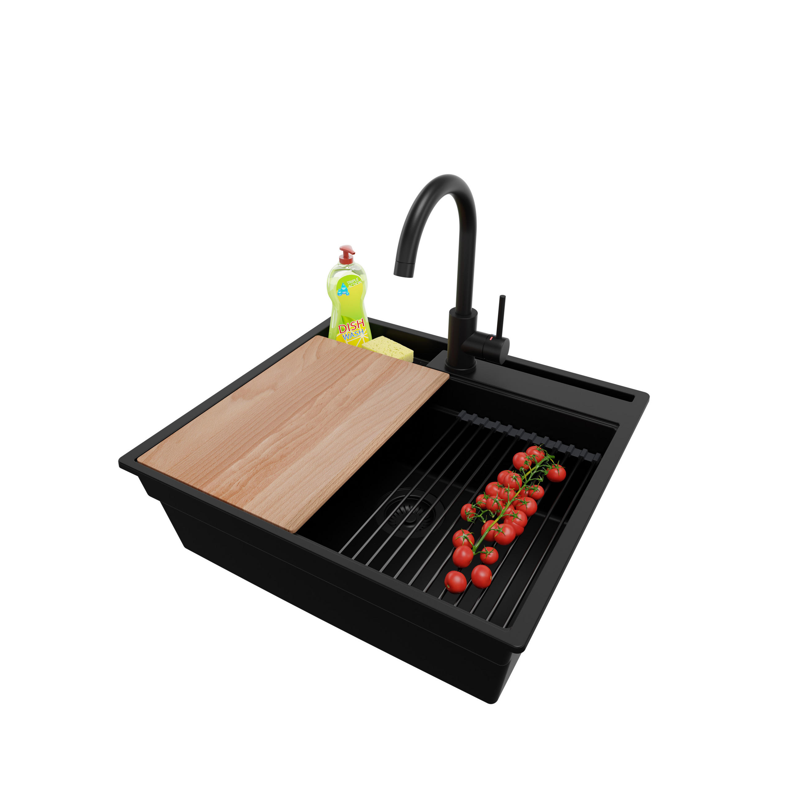 GRANITSPÜLE Oslo Pocket, 2-er set Alles Schwarz 58/53 cm 1 Becken + Küchenarmatur 32/20 cm + Ablauf-Set + Küchenzubehörset ab 60er Unterschrank - Beige/Schwarz, Kunststoff (58/20/53cm) - Primagran