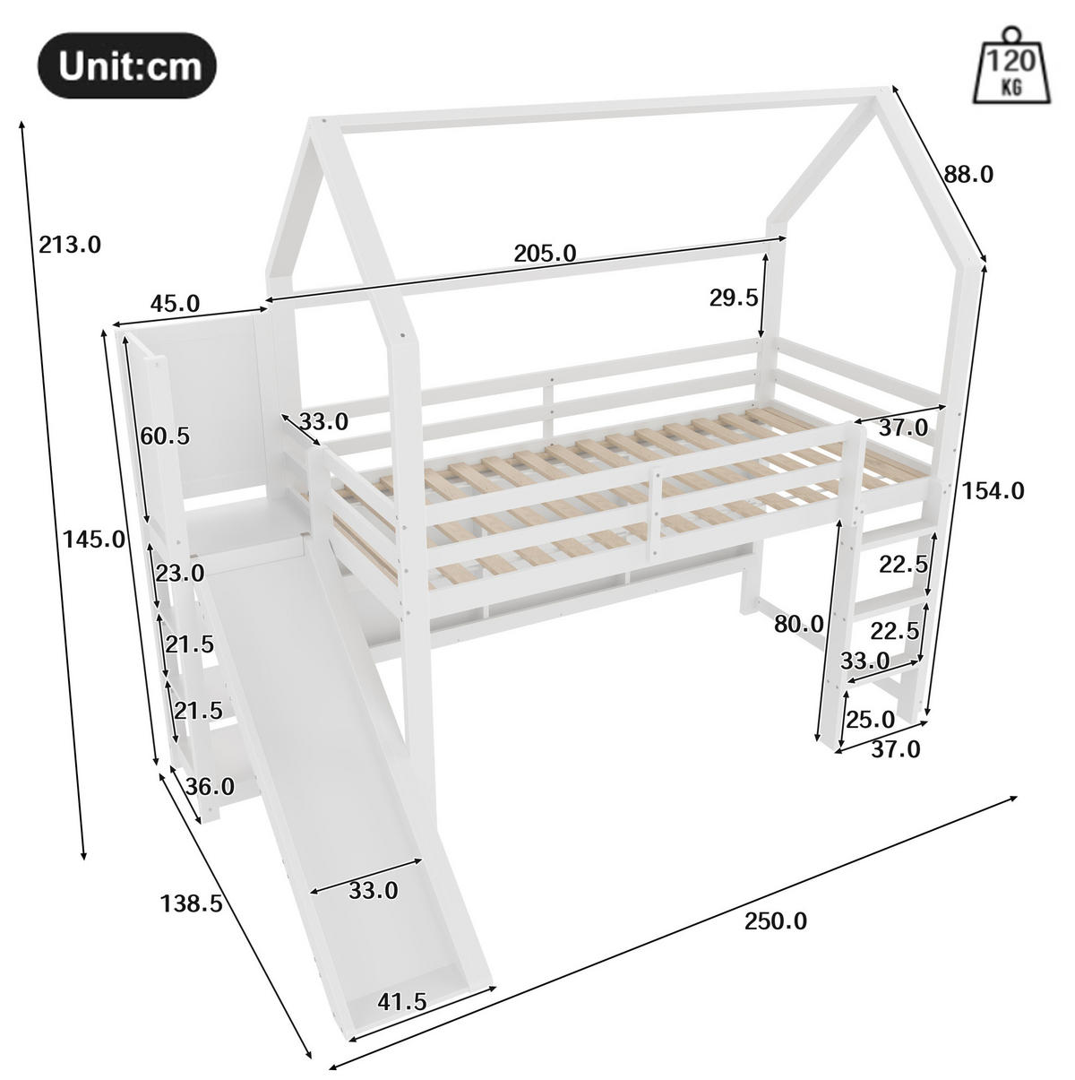 HOCHBETT 90/200 cm Weiß mit LED, Rutsche und Stauraum ohne Matratze - Weiß, Holz (90/200cm) - MIVRAY