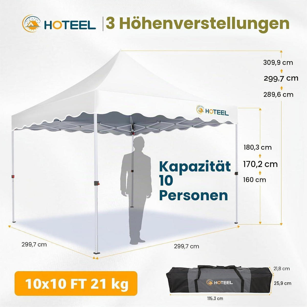 FALTPAVILLON 3x3m mit 4 Seitenteilen Weiß UV 50+ Wasserdicht - Weiß, Textil (22/26/118cm)