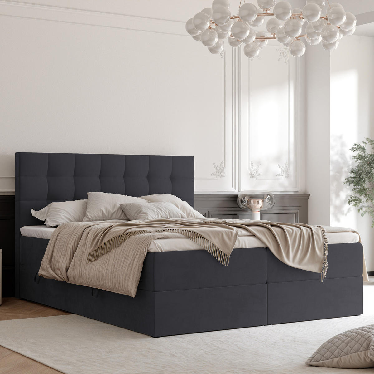 BOXBETT GRAND 140/200 cm, in Dunkelgrau, mit Matratze und Topper - Dunkelgrau, Holzwerkstoff/Textil (140/200cm) - Idohome