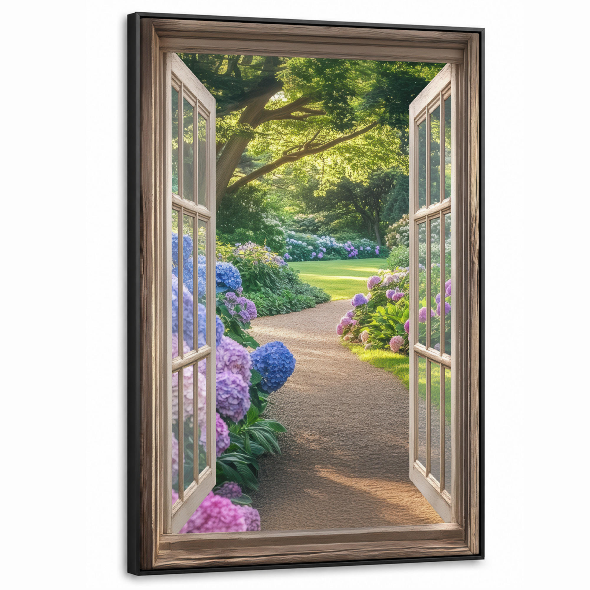 LEINWAND Bilder mit Rahmen - Aussicht - Garten - Fenster - Hortensie - Blumen - 90x140 - Pastellblau, Textil (90/140cm) - MuchoWow