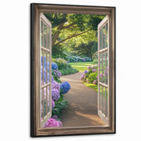 LEINWAND Bilder mit Rahmen - Aussicht - Garten - Fenster - Hortensie - Blumen - 100x150 - Pastellblau, Textil (100/150cm) - MuchoWow