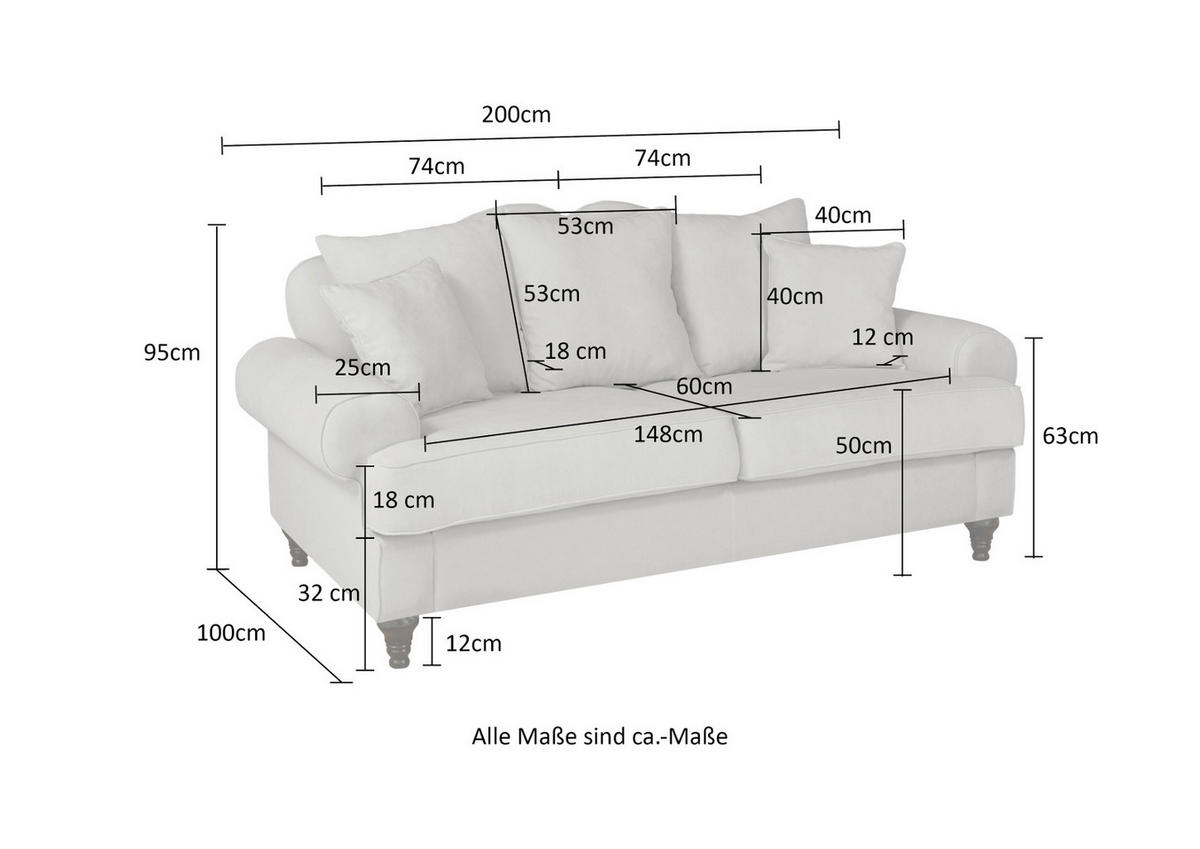 SOFA hellgrau Landhaus, Couch 3-Sitzer 200 cm - Hellgrau, Holz/Textil (200/95/100cm) - Furn.Design