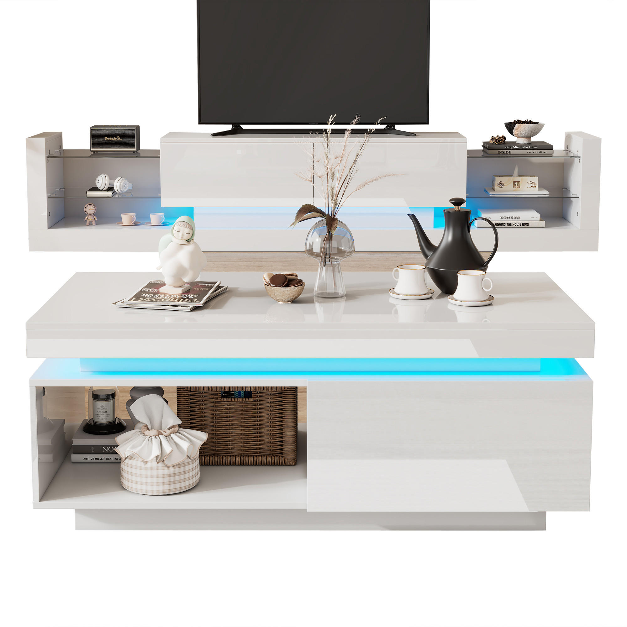 OKWISH TV sestava 181/38/38 cm a 100/50/40,3 cm bílá z dřevotřísky s LED osvětlením