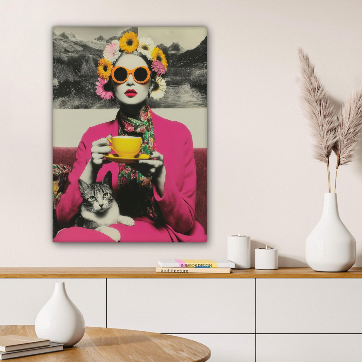 LEINWANDBILD Frau - Katze - Blumen - Tasse - Retro Wandbild Wohnzimmer 60x80 cm - Magenta, Textil (60/80cm) - MuchoWow