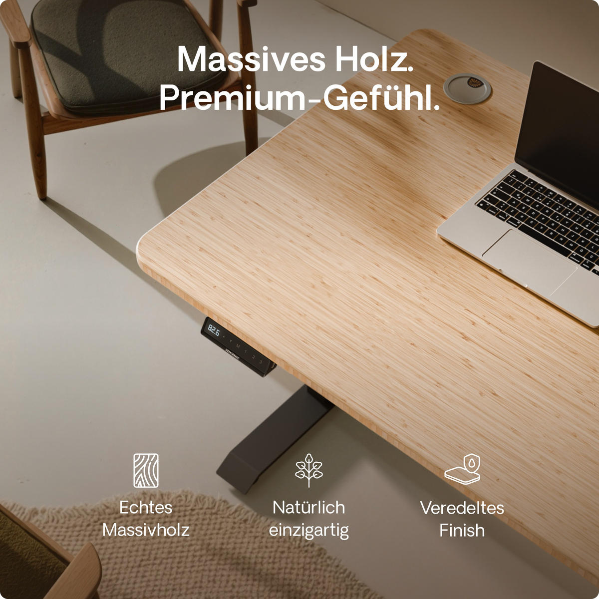 SCHREIBTISCH Elektrisch Höhenverstellbarer HomePro 120x60cm Schwarz/Bambus mit Memory-Funktion, Anti-Kollisions Technologie - Hellgelb/Schwarz, Holz (60/120/63.5cm) - Desktronic