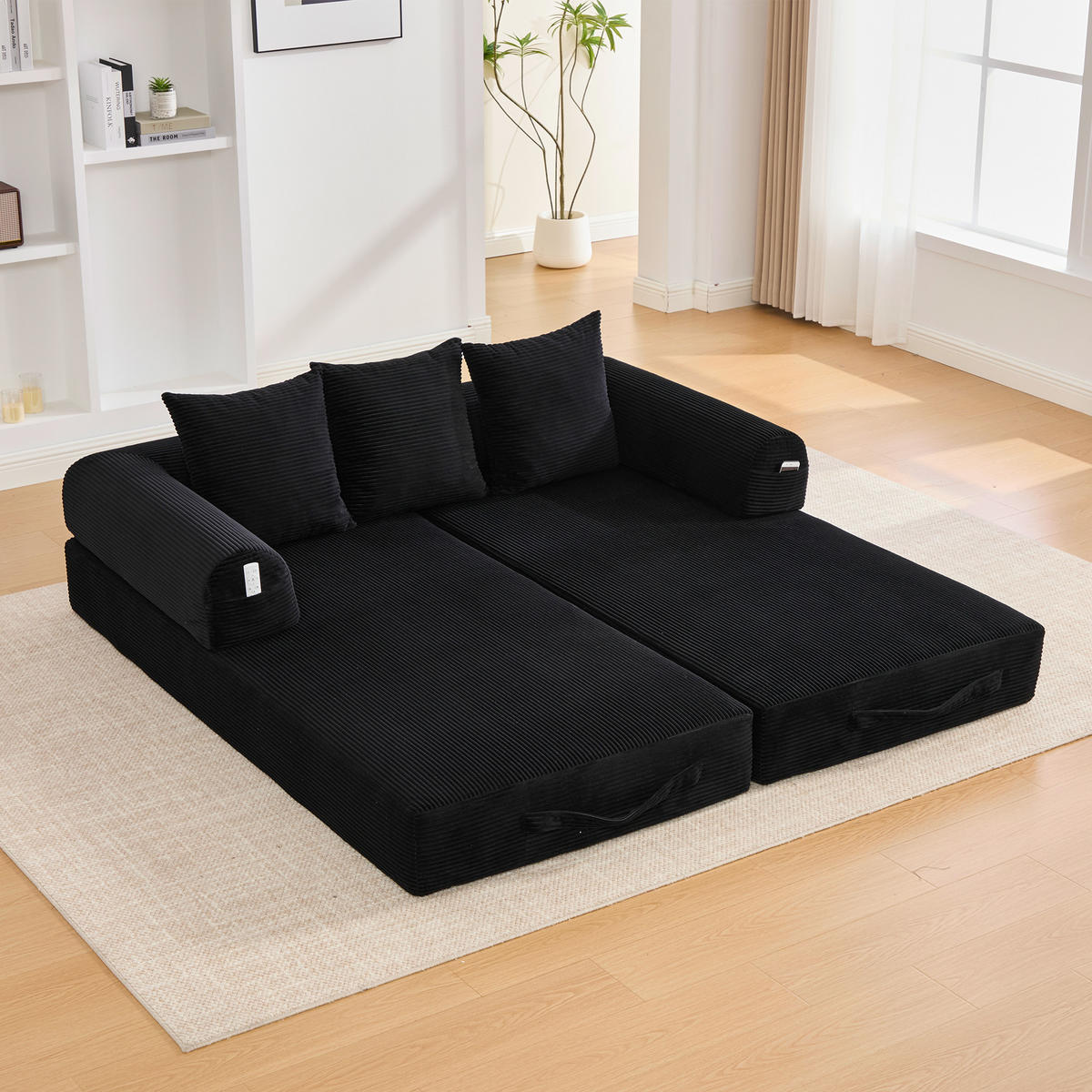 SCHLAFSOFA 200/94/67 cm Schwarz mit Seitentaschen plus und 3 Kissen - Schwarz, Textil (200/67/94cm) - Oxeza