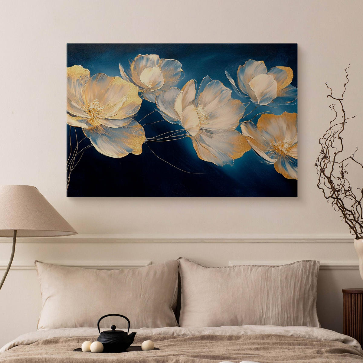 LEINWANDBILD für Schlafzimmer Blumen Pflanzen Natur Malarei 30cm x 20cm - Blau/Beige, Textil (30/20cm) - Muralo