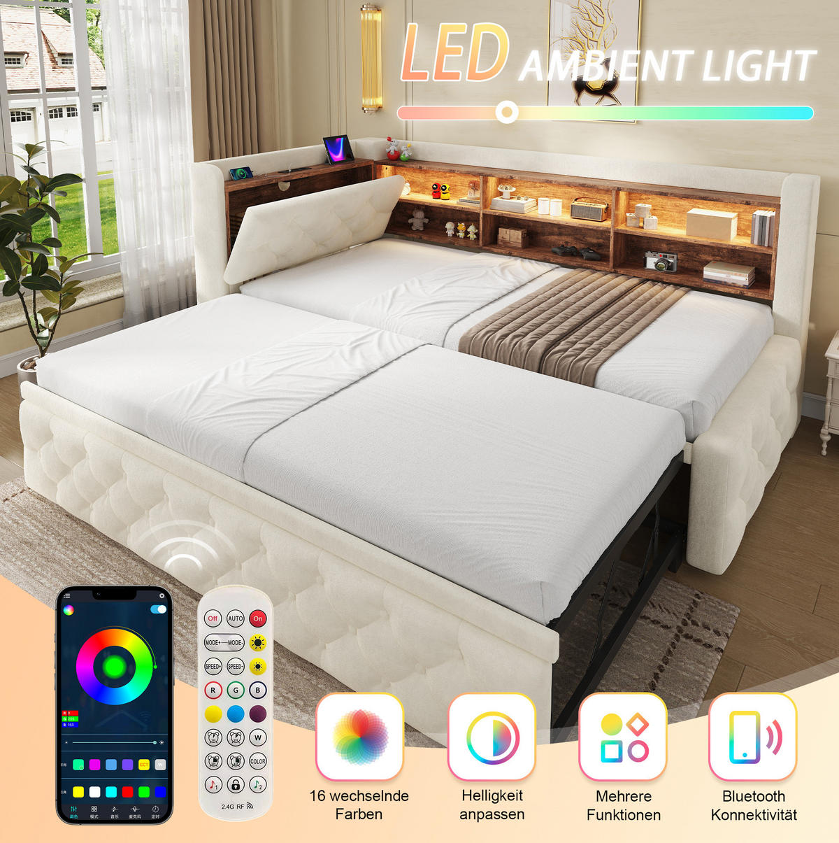 BETT 90/180×190 cm in Beige mit Stauraum, LED-Beleuchtung und USB- und Type-C-Anschlüssen - Beige, Textil (180/190cm) - Flora Grace