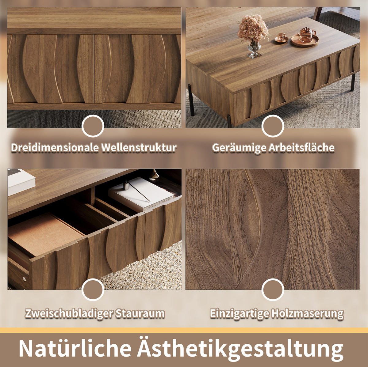 COUCHTISCH in Naturfarben Wohnzimmertisch mit 2 Schubladen und Metallbeinen, für Stauraum und Alltag, B105/T55/H41cm - Schwarz/Naturfarben, Holzwerkstoff/Metall (55/105/41cm) - STILVORA