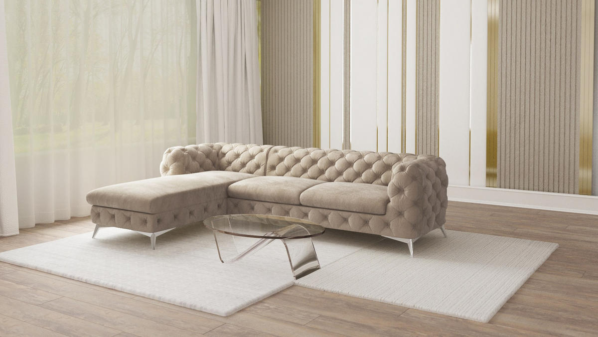 ECKSOFA Chesterfield Laura Dunkle Creme Samt - Silberfarben/Creme, Holz/Textil (305/200cm) - S-Style Möbel