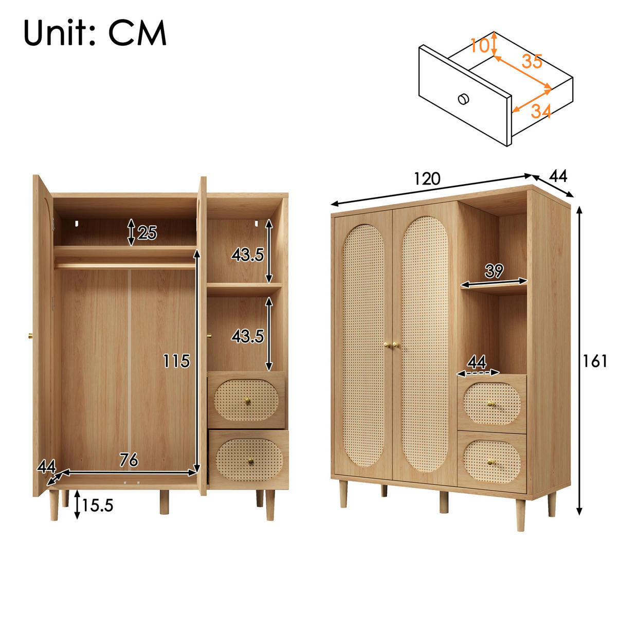 KLEIDERSCHRANK aus Holz 44x120x161 cm Eiche mit 2 Türen, 2 Schubladen, Kleiderstange und offenen Fächern im Landhausstil - Nussbaumfarben, Holzwerkstoff (120/161/44cm) - Modfu