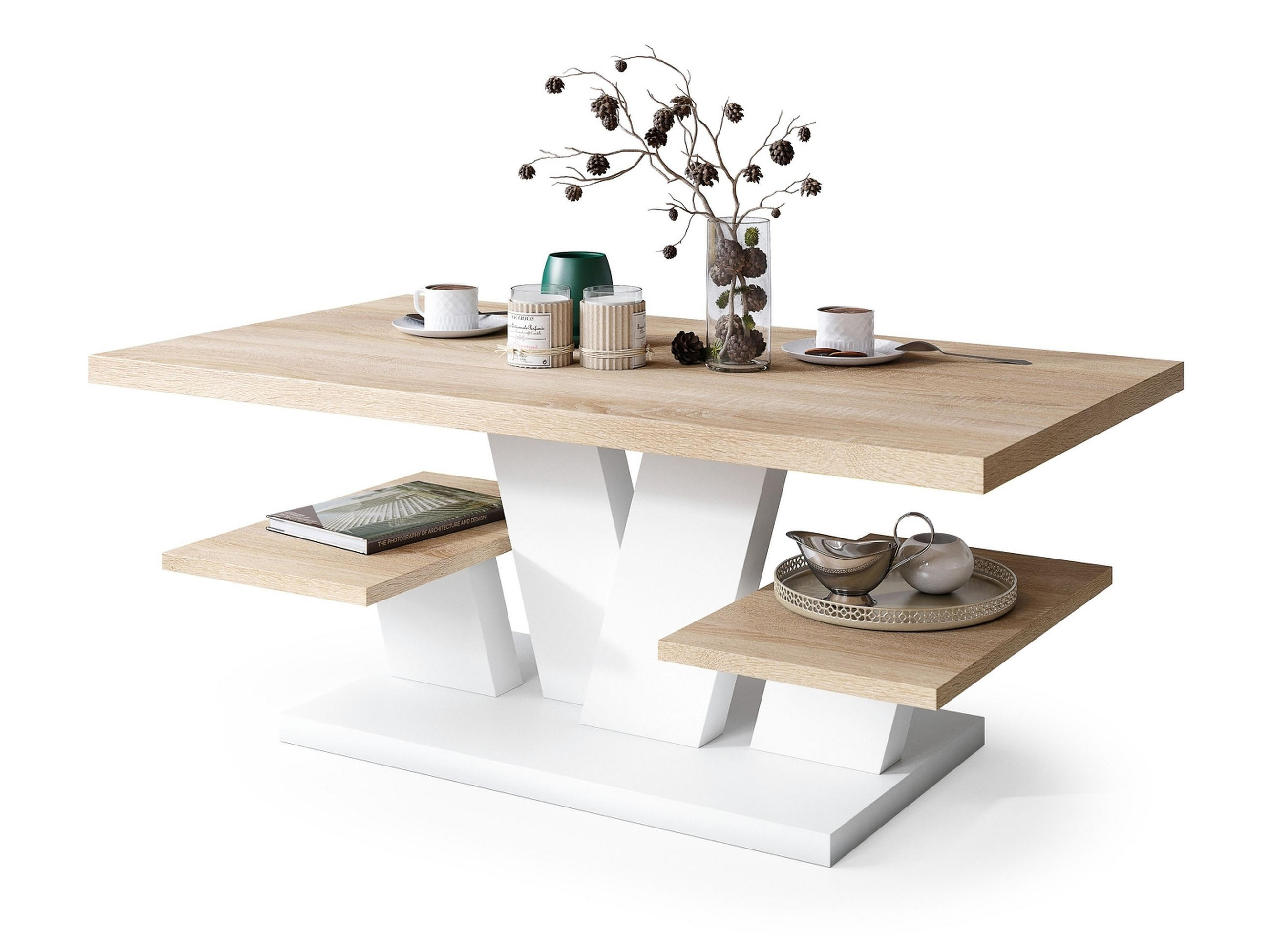 designimpex Couchtisch Weiß, Sonoma Eiche 110x45x60 cm