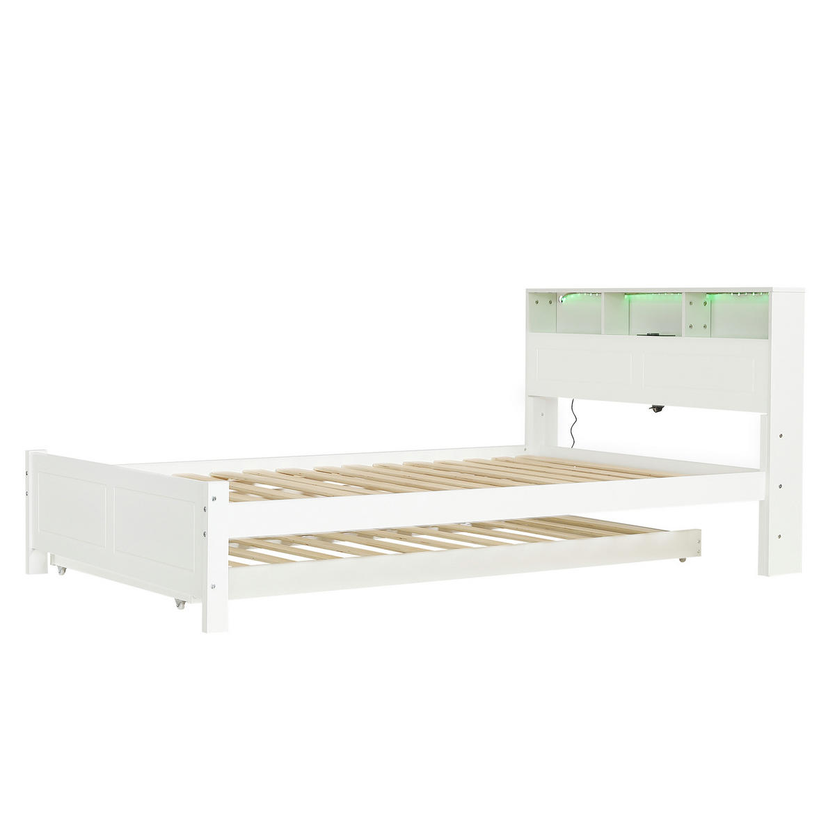 BETT 120/200 cm & 90/190 cm in Weiß mit Ausziehbett, LED, USB und Regal - Weiß, Holz/Holzwerkstoff (120/200cm) - WISHDOR