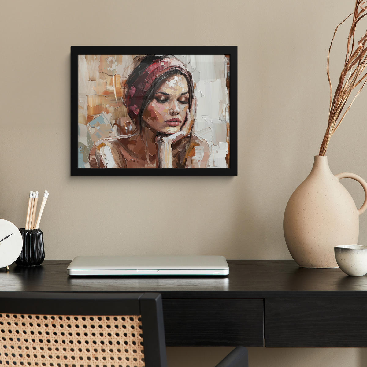 POSTER MIT RAHMEN Frau - Lackierung - Porträt - Modern 40x30 cm - Altrosa, Papier (40/30cm) - MuchoWow