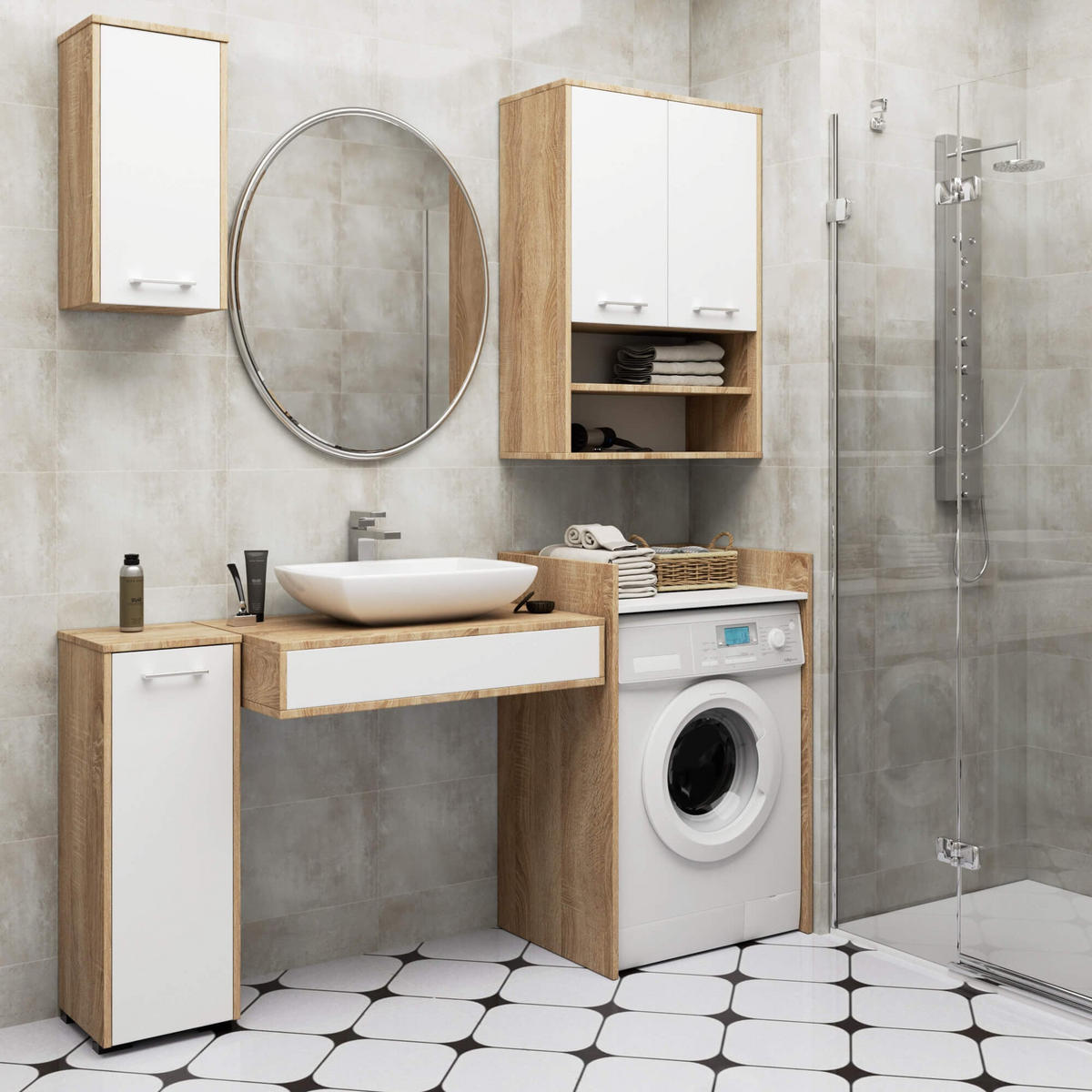 WASCHMASCHINENSCHRANK FIN, 50x64x98 cm, Sonoma-Weiß - Weiß/Sonoma Eiche, Holz (64/98/50cm) - Milordbikes