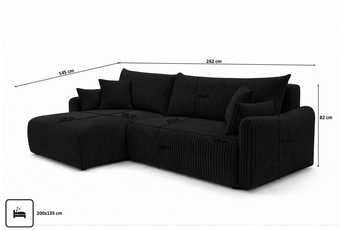 ECKSOFA Mit Schlaffunktion, Cordstoff Tilia, Schwarz, Links, JAPANDI - Schwarz, Holz (262/145cm) - Kaiser Möbel